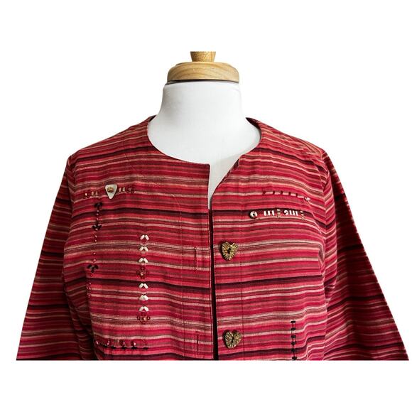 KORET Embroidered 2pc Set Jacket & Tank Top Navajo Red Stripe Cotton Blend S/L - Picture 2 of 7